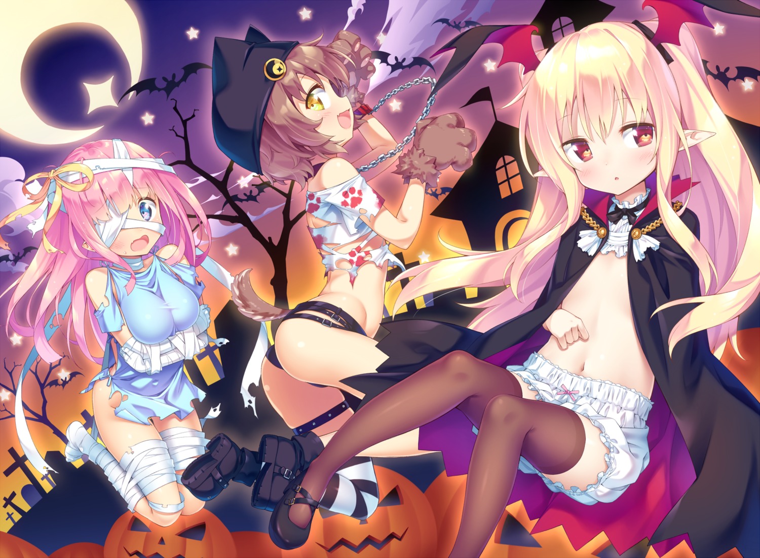 ass bandages bloomers breast_hold garter halloween heels kazuma_(kazumav) loli no_bra pointy_ears tail thighhighs torn_clothes wings