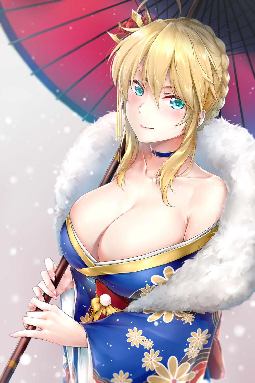 artoria_pendragon_(lancer) fate/grand_order kimono no_bra open_shirt rei_kun umbrella