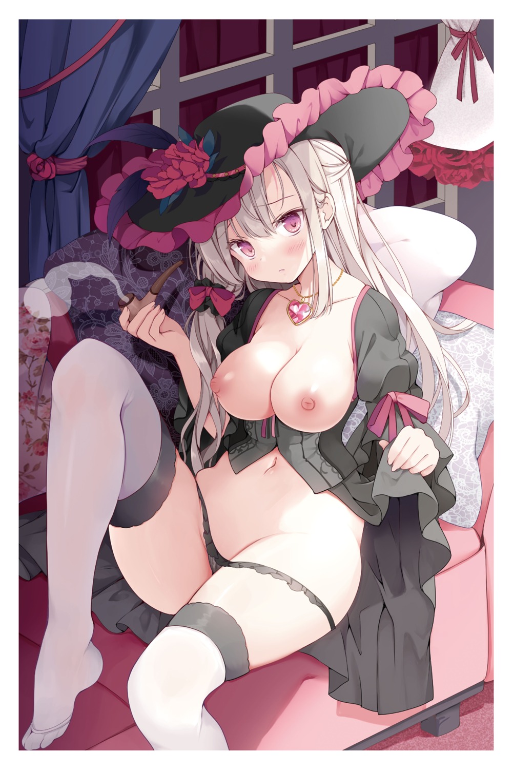 breasts dress hoshino_koucha nipples no_bra pantsu panty_pull skirt_lift smoking thighhighs