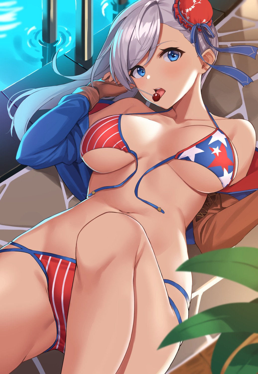 bikini fate/grand_order miyamoto_musashi_(fate/grand_order) open_shirt suiroh swimsuits wardrobe_malfunction