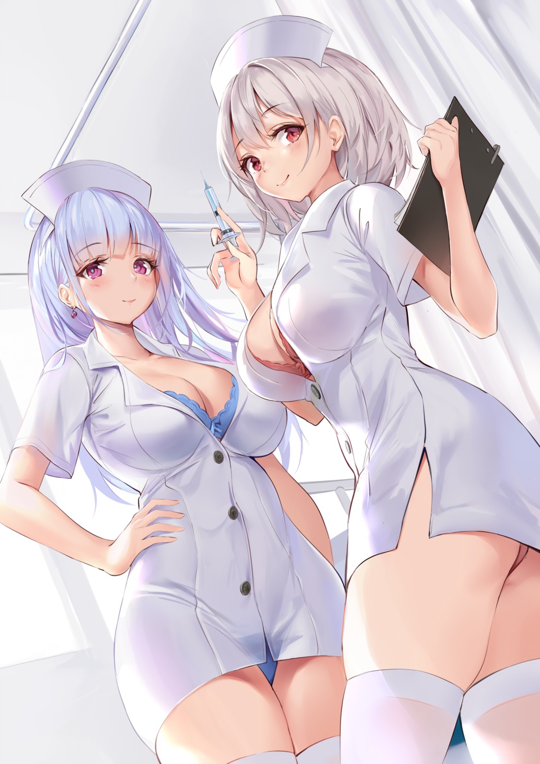 ass azur_lane bra cleavage dido_(azur_lane) nurse open_shirt pantsu pdxen see_through sirius_(azur_lane) thighhighs thong