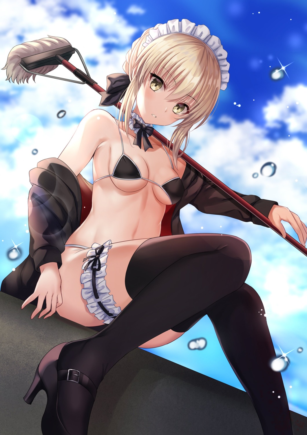 bikini fate/grand_order garter harimoji heels maid open_shirt saber saber_alter swimsuits thighhighs