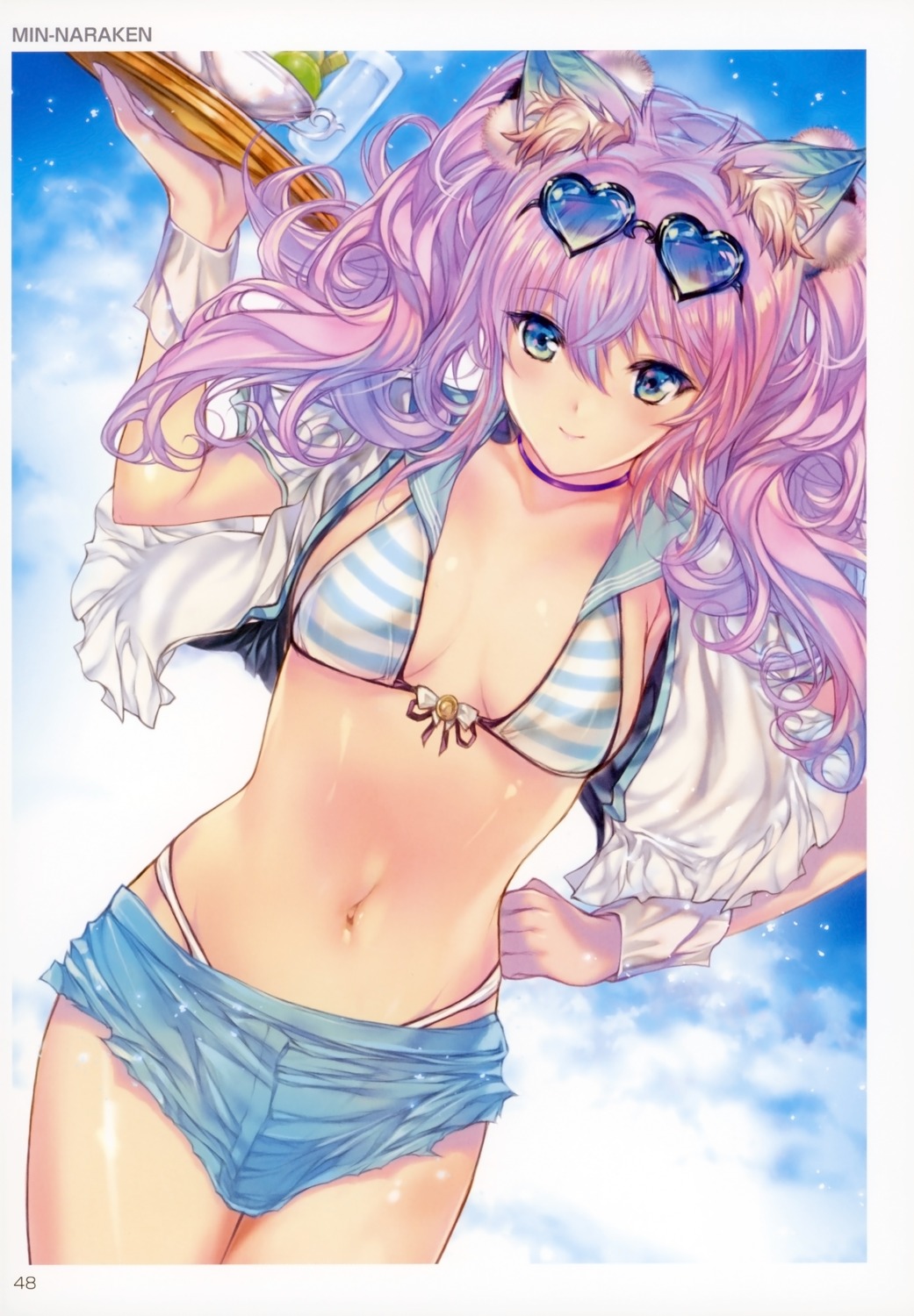 animal_ears bikini cleavage megane min-naraken open_shirt swimsuits