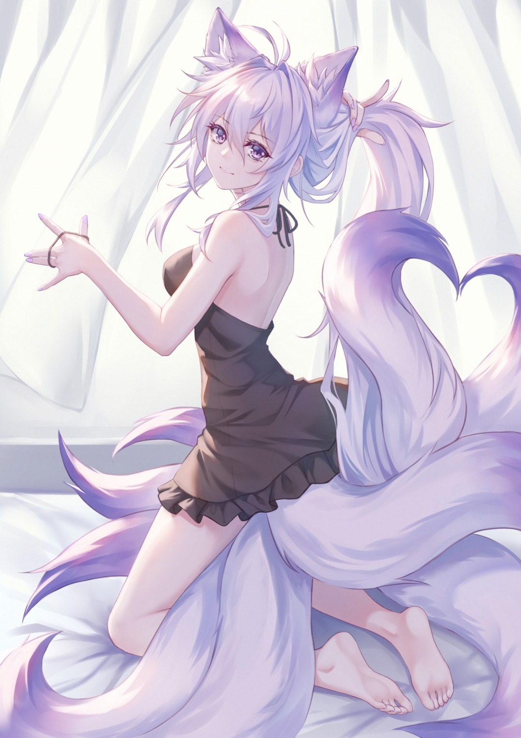 animal_ears artist_revision dress kirby_d_a kitsune no_bra skirt_lift tail