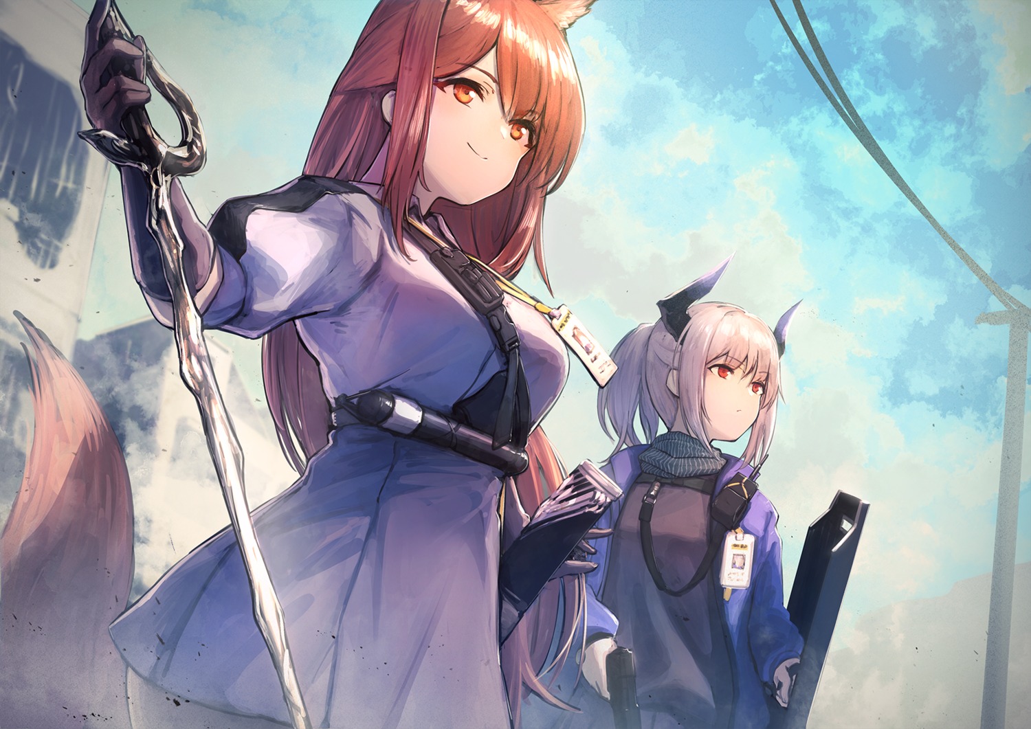 animal_ears arknights franka_(arknights) horns itaco liskarm_(arknights) sword