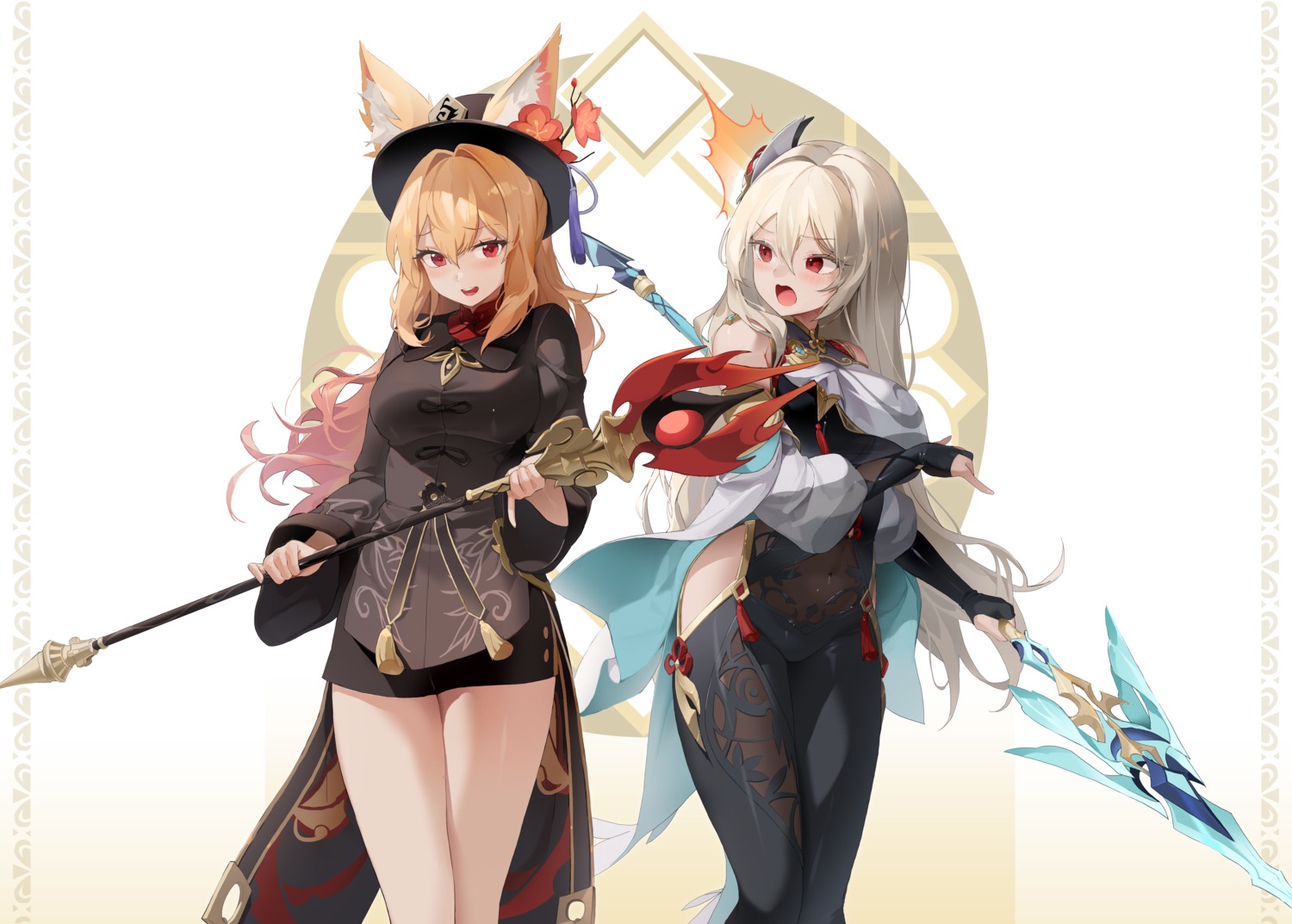 animal_ears asian_clothes bodysuit choyeon cosplay dungeon_fighter ellin_meiji genshin_impact hu_tao lethe_rin see_through shenhe weapon