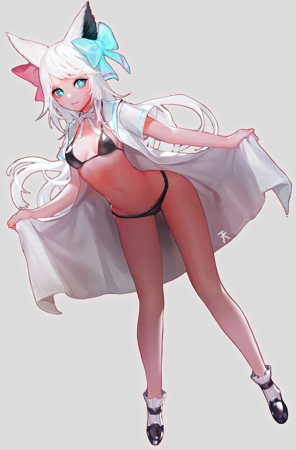 animal_ears bikini cleavage ddongu open_shirt swimsuits