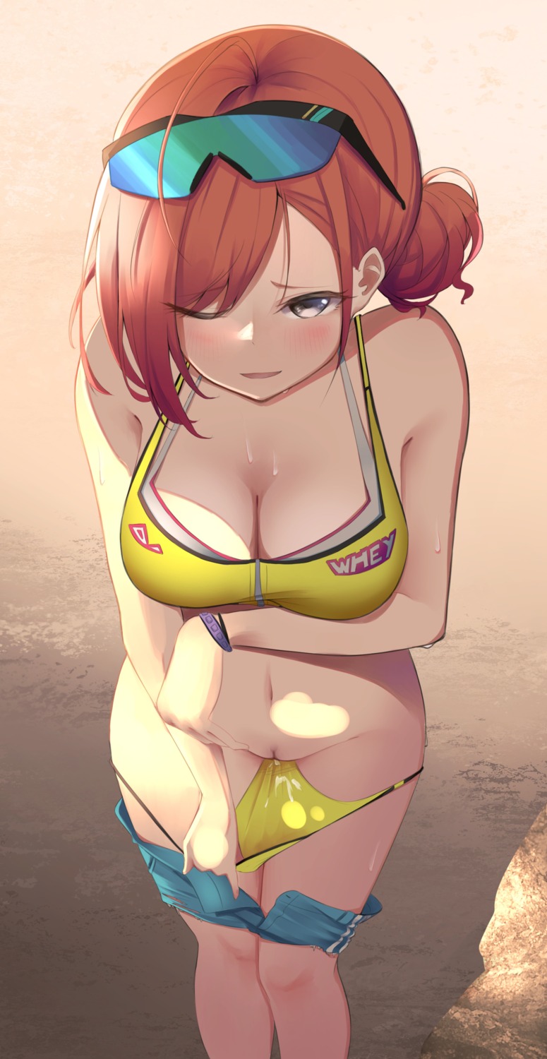 akinoji_(akiponpon27) arisugawa_natsuha bikini breast_hold cleavage megane panty_pull pussy pussy_juice swimsuits the_idolm@ster the_idolm@ster_shiny_colors torn_clothes uncensored undressing wet