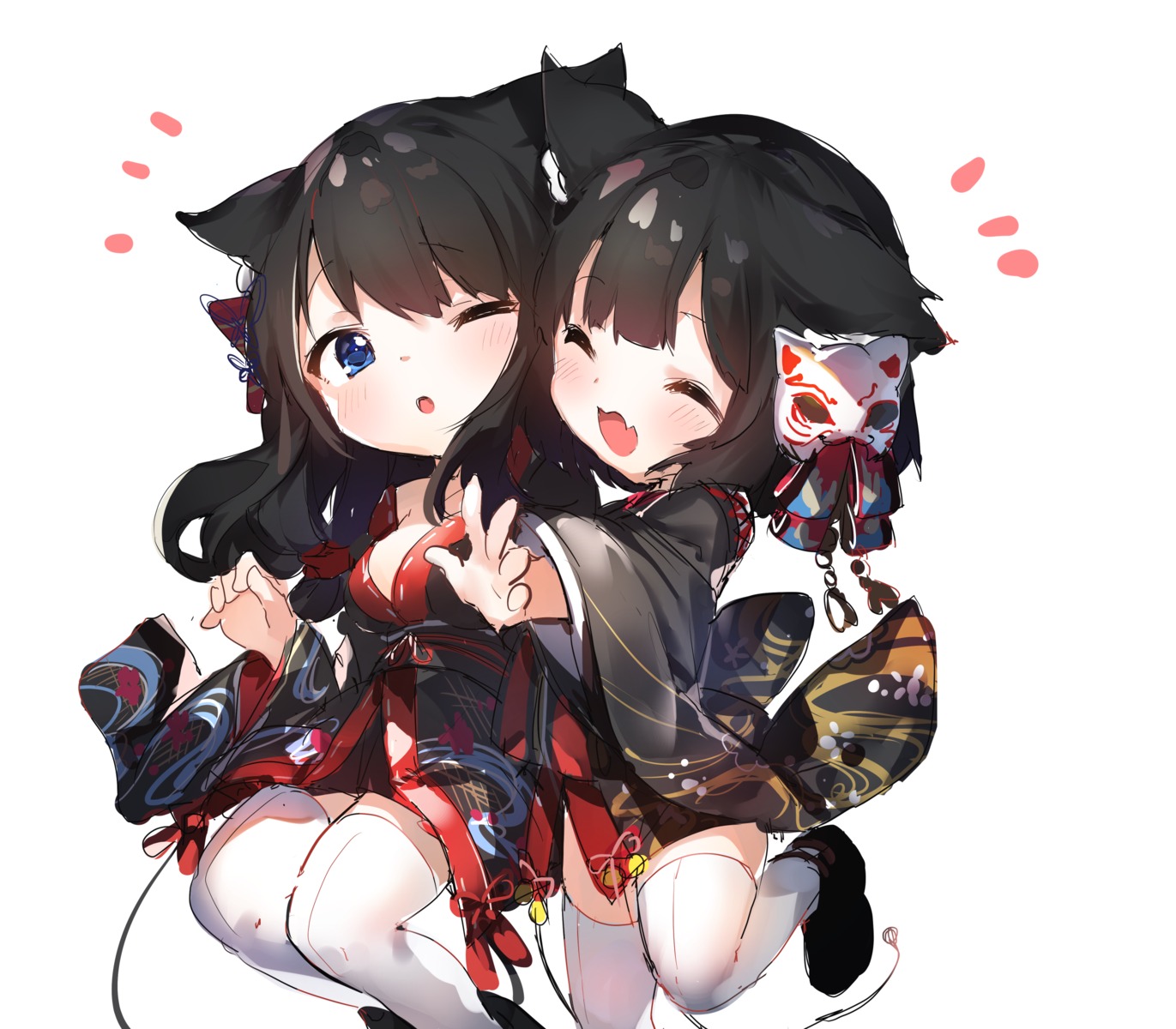 animal_ears azur_lane chibi fusou_(azur_lane) japanese_clothes nekomimi open_shirt thighhighs umibouzu yamashiro_(azur_lane)