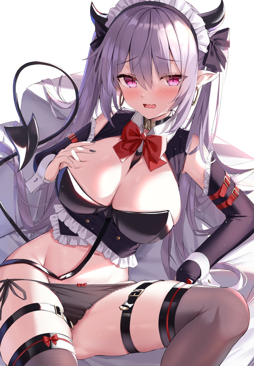 garter horns kyonta maid no_bra pantsu panty_pull pointy_ears string_panties tail thighhighs