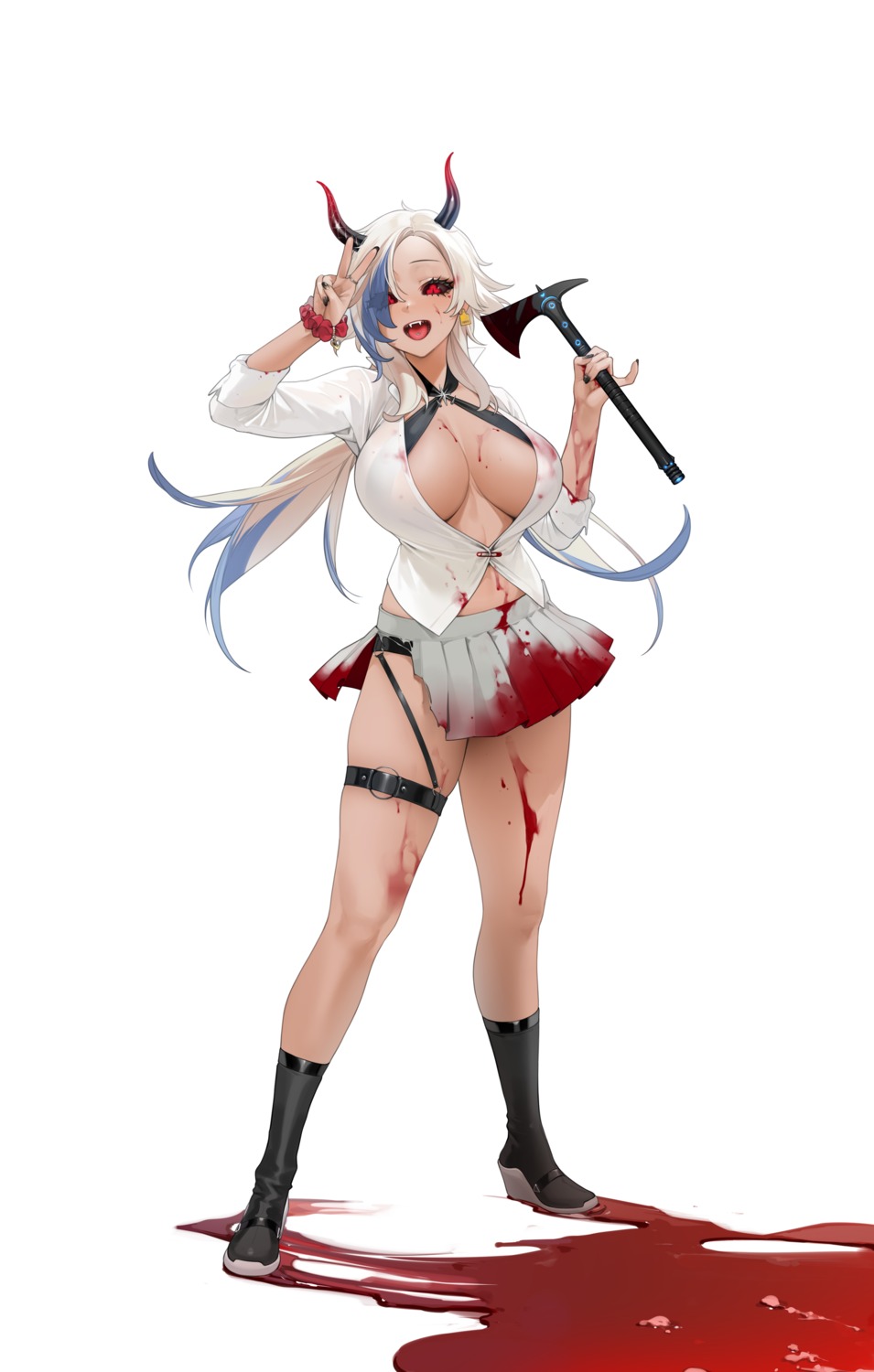 blood garter heels horns no_bra ohisashiburi open_shirt see_through weapon wet_clothes