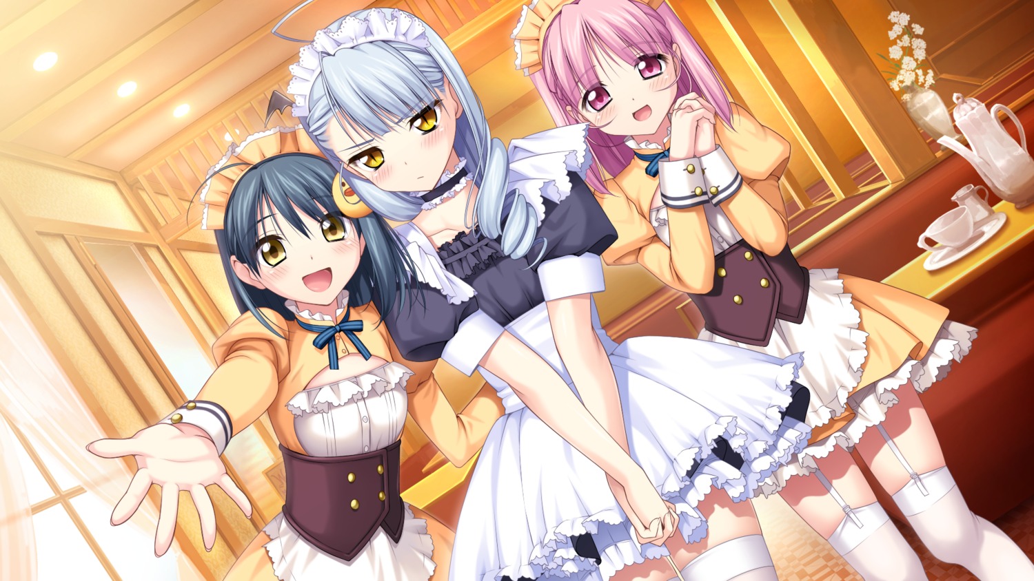 game_cg harukaze-soft hikari_gi_inaho kinoshita_mio kusunoki_chitose love_of_ren'ai_koutei_of_love! maid mutyakai stockings thighhighs