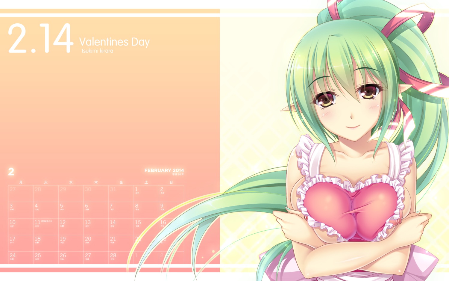 breast_hold calendar elf elsword kirara0831 naked_apron nipples pointy_ears rena_(elsword) valentine wallpaper