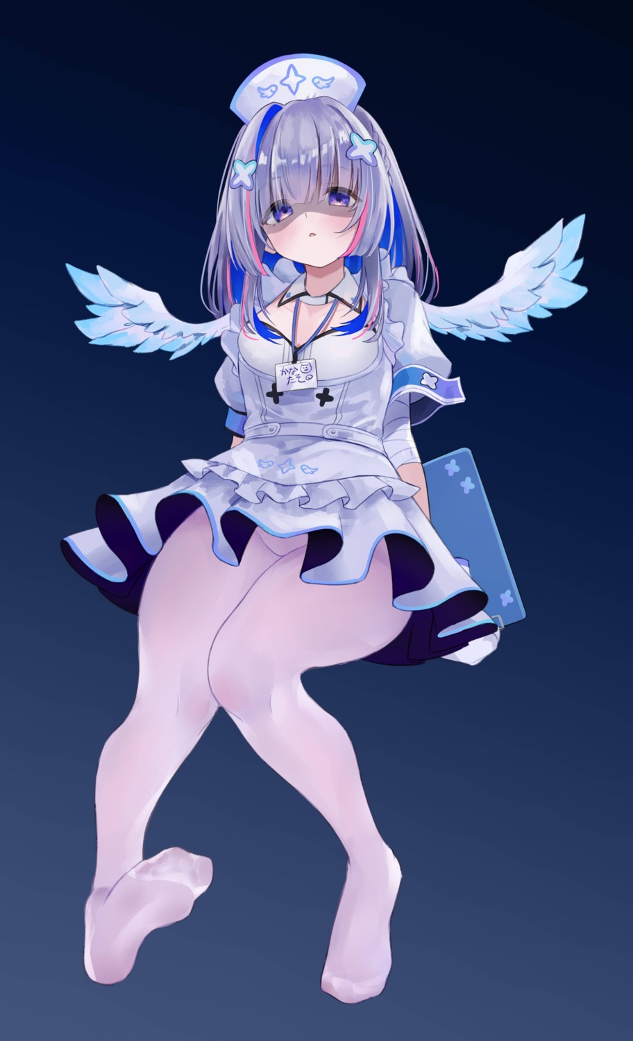 amane_kanata higashigure hololive nopan nurse pantyhose skirt_lift wings