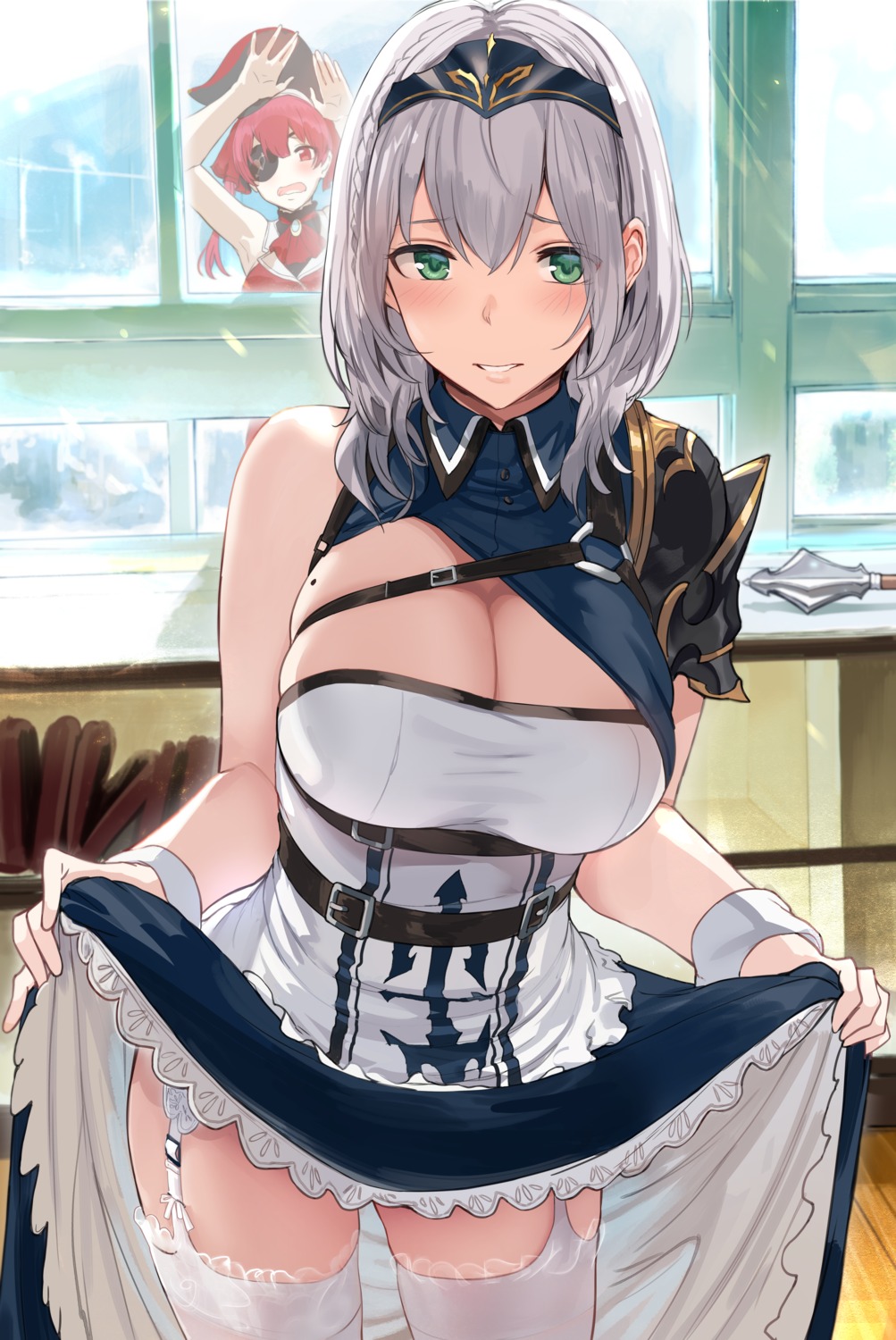 armor cleavage eyepatch hews hololive houshou_marine pirate shirogane_noel skirt_lift stockings thighhighs