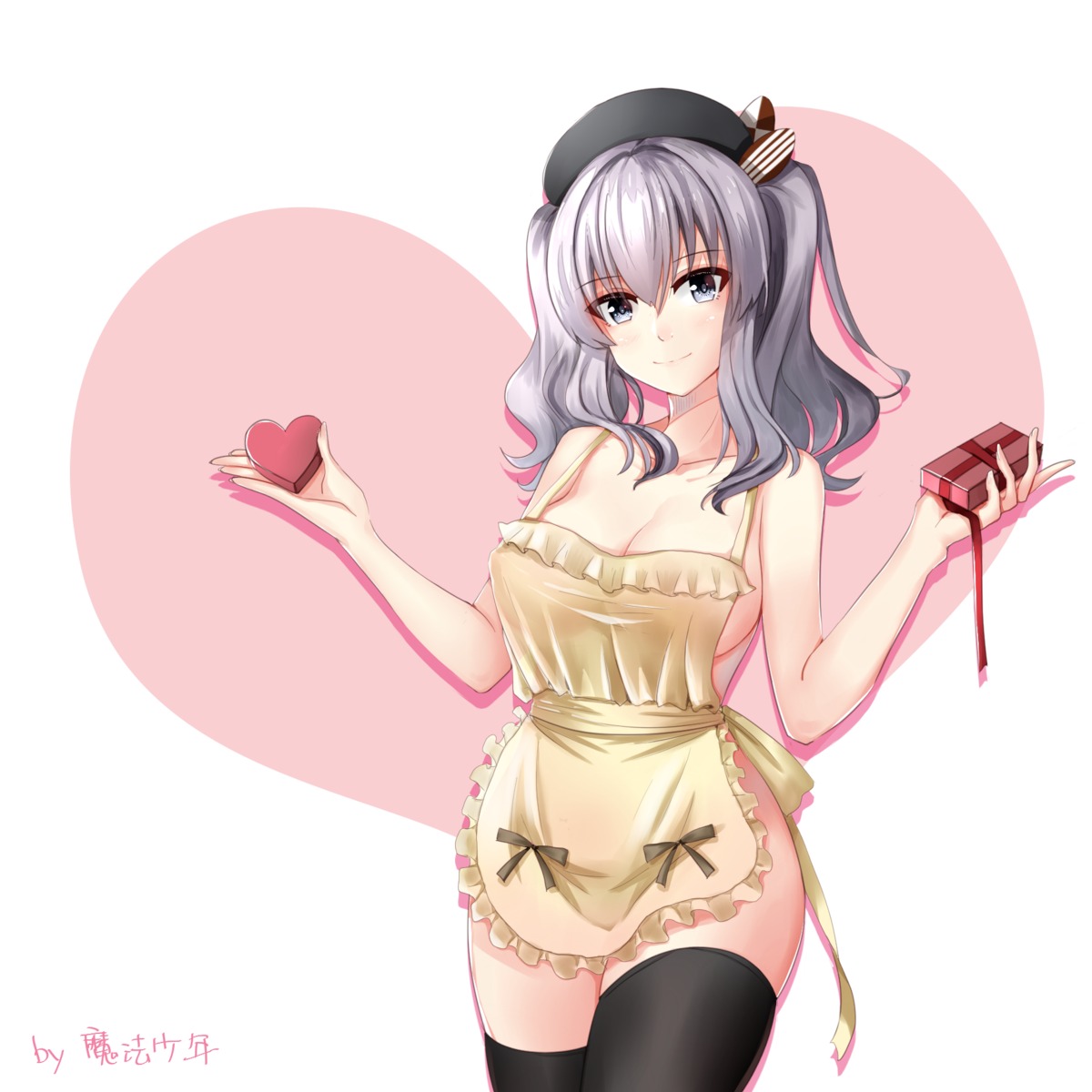 cleavage kantai_collection kashima_(kancolle) mahou_shounen naked_apron thighhighs valentine