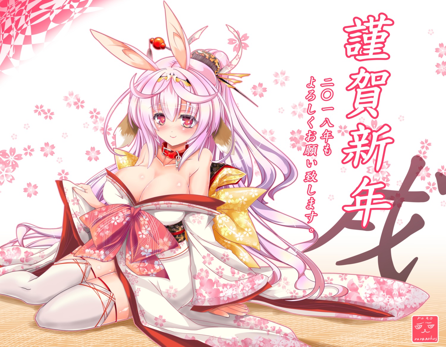 animal_ears bunny_ears kimono no_bra open_shirt raranokusu thighhighs