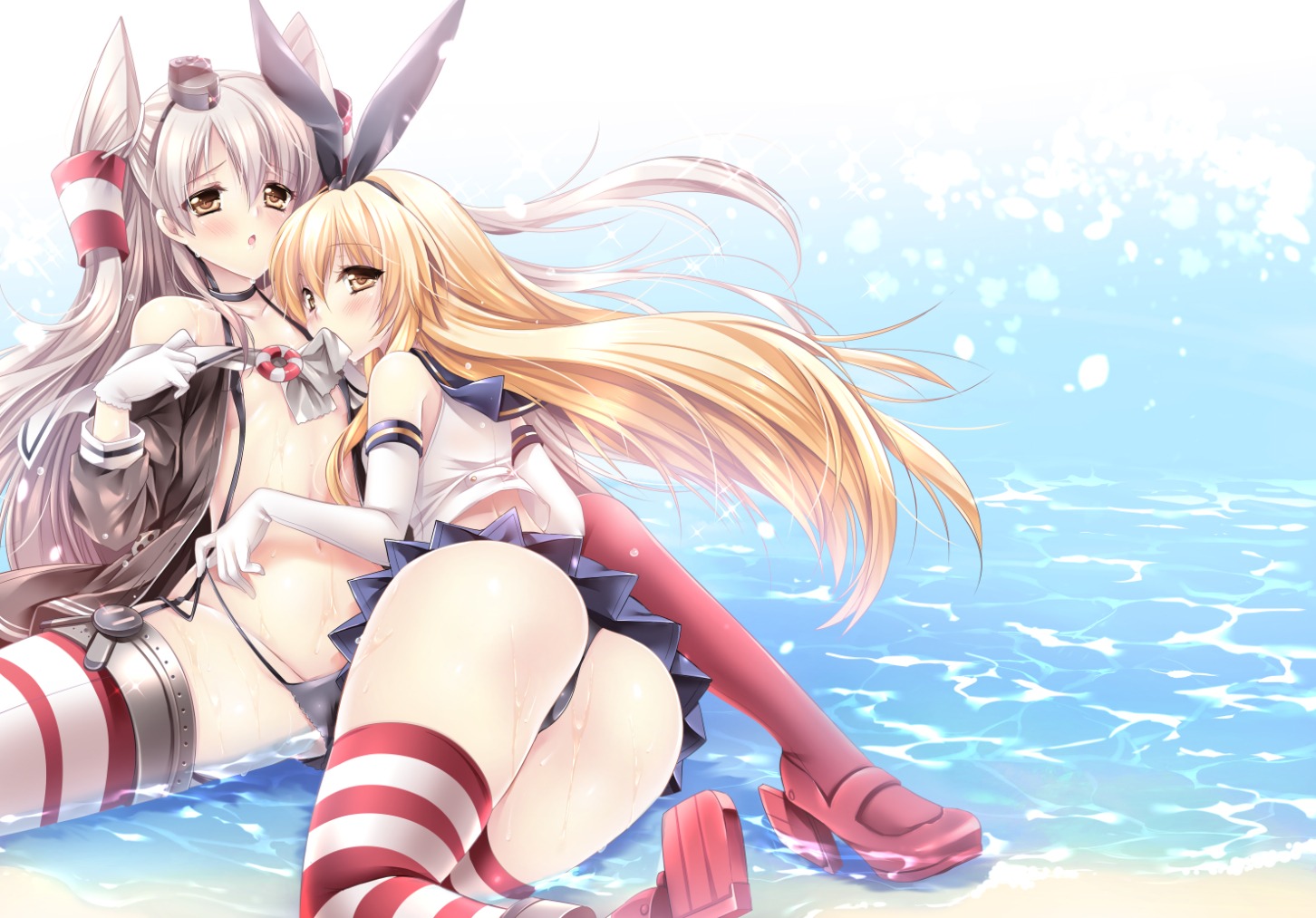 amatsukaze_(kancolle) ass kantai_collection open_shirt pantsu panty_pull sakurano_ruu shimakaze_(kancolle) stockings string_panties thighhighs undressing wet yuri