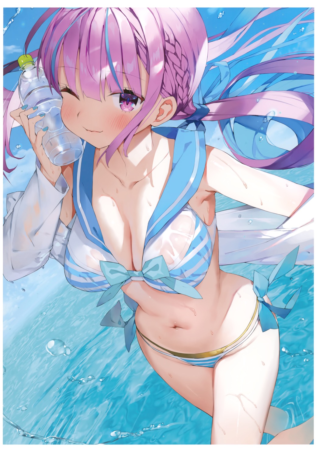 bikini gaou_(matsulatte) hololive macaron_taitei minato_aqua open_shirt see_through seifuku swimsuits wet wet_clothes