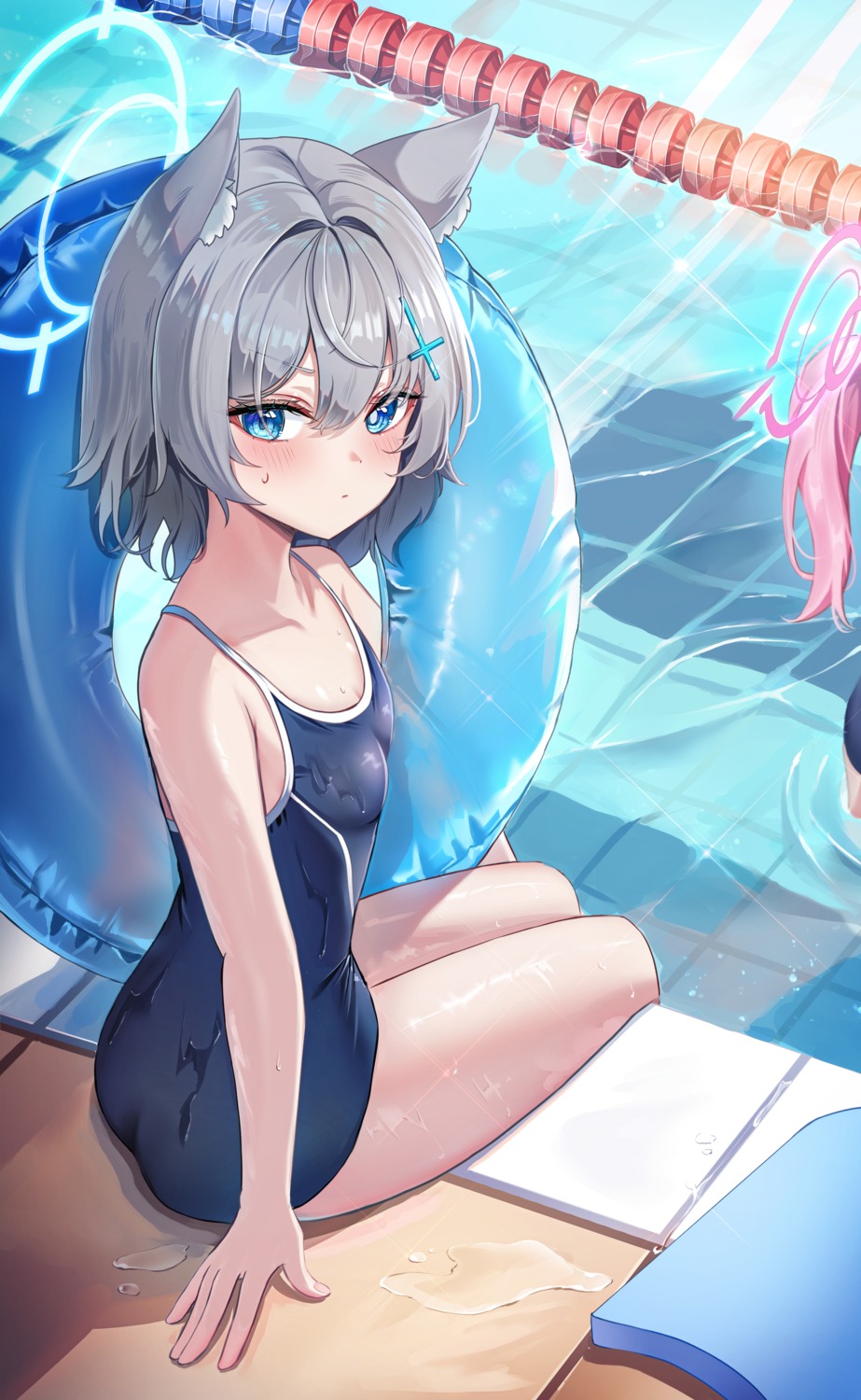 animal_ears blue_archive halo li_se nekomimi school_swimsuit sunaookami_shiroko swimsuits takanashi_hoshino wet