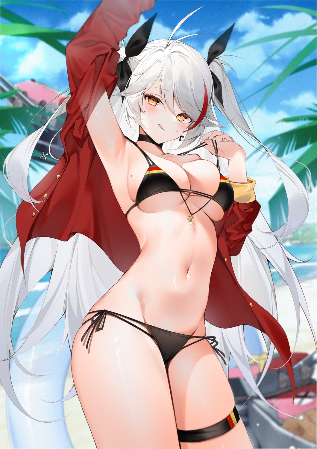 azur_lane bikini garter open_shirt prinz_eugen_(azur_lane) swimsuits undressing yukineko1018