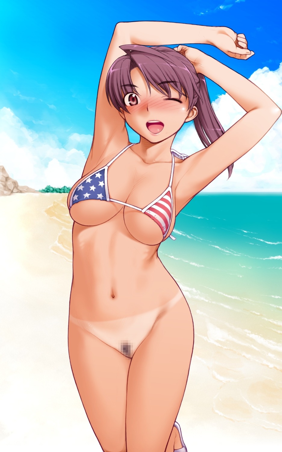 bikini bottomless censored codepink furuhashi_chinatsu kiriyama_taichi pubic_hair pussy sweet_home swimsuits tan_lines underboob