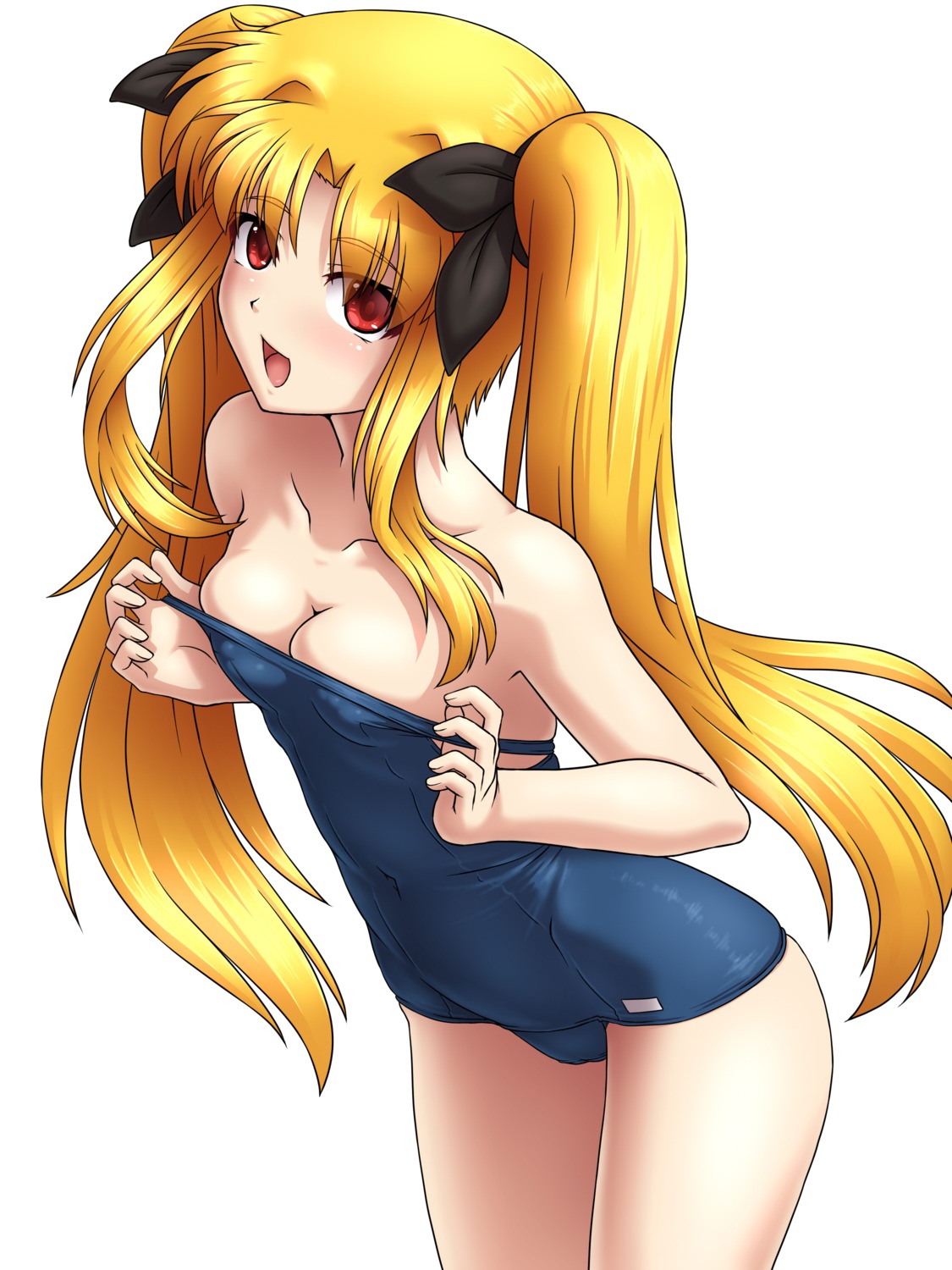 cameltoe cleavage fate_testarossa mahou_shoujo_lyrical_nanoha school_swimsuit swimsuits taro undressing