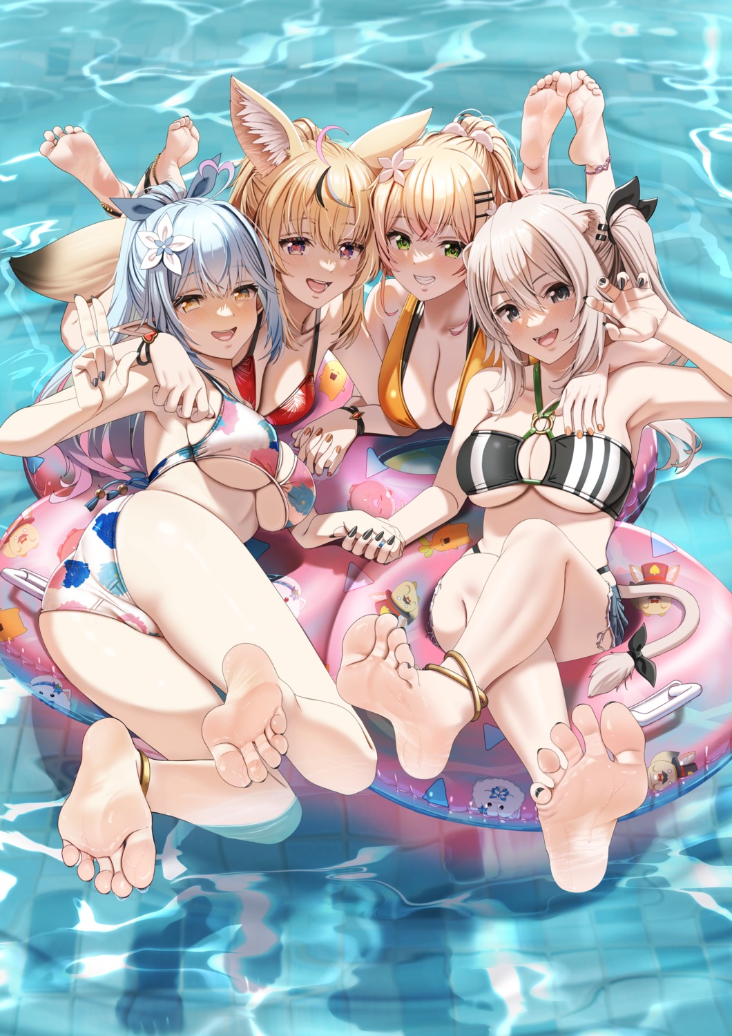 animal_ears ass bikini bikini_top casino_(casinoep) elf feet hololive momosuzu_nene omaru_polka pointy_ears shishiro_botan swimsuits tail torn_clothes wet yukihana_lamy