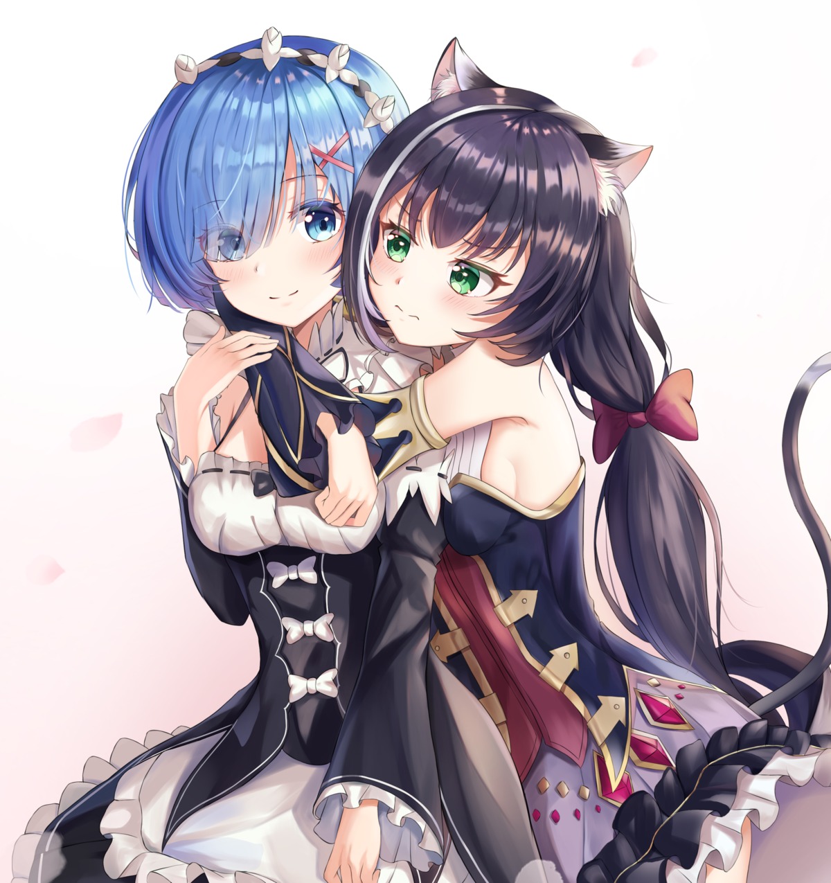 animal_ears crossover karyl_(princess_connect) maid nekomimi princess_connect princess_connect!_re:dive re_zero_kara_hajimeru_isekai_seikatsu rem_(re_zero) skirt_lift tail yuri zeroillya