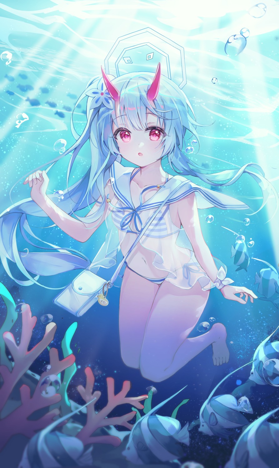 bikini blue_archive halo horns loli see_through ssum_(ehf_dustk) swimsuits waraku_chise wet