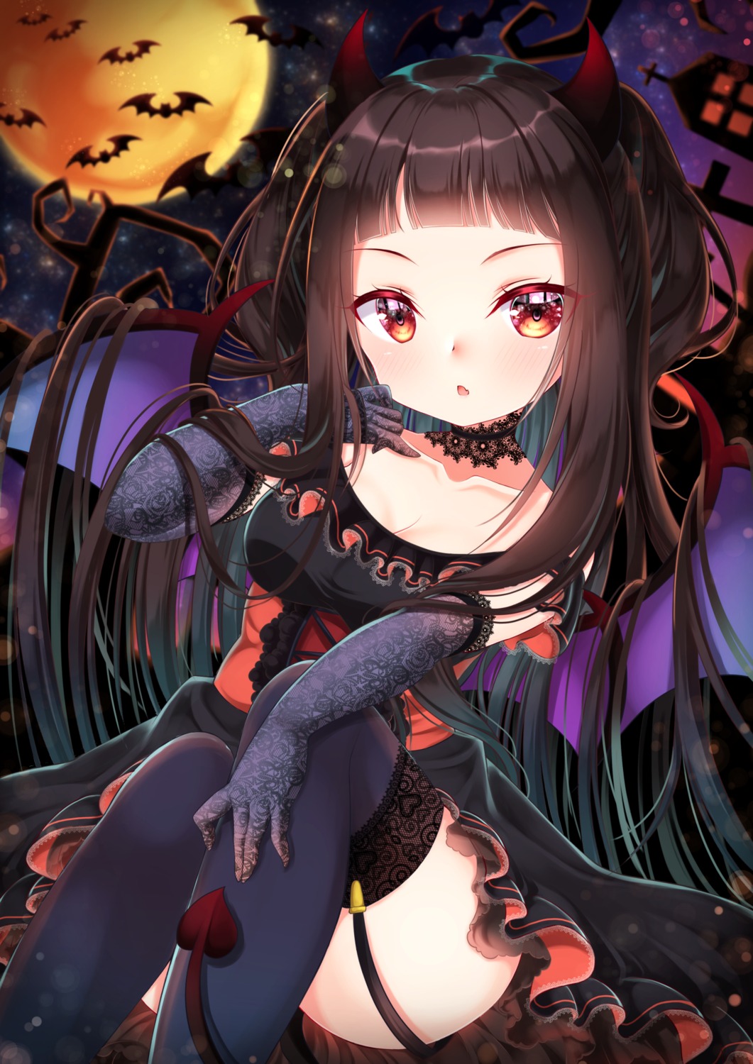 cleavage halloween horns mirai_(happy-floral) skirt_lift stockings tail thighhighs wings