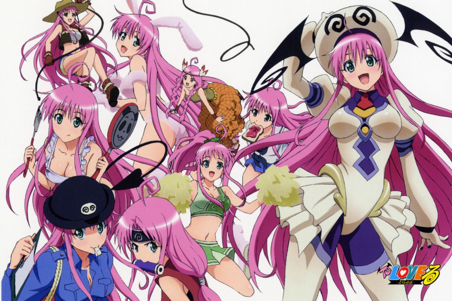 animal_ears bunny_ears card cheerleader cleavage cosplay lala_satalin_deviluke naked_apron police_uniform screening seifuku to_love_ru