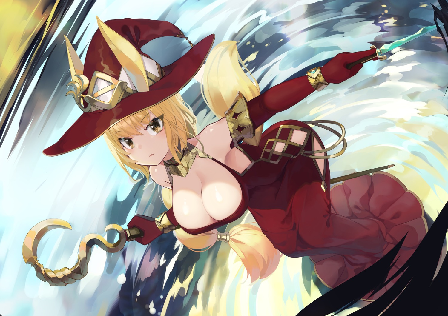 animal_ears dress natori_youkai no_bra tail weapon witch