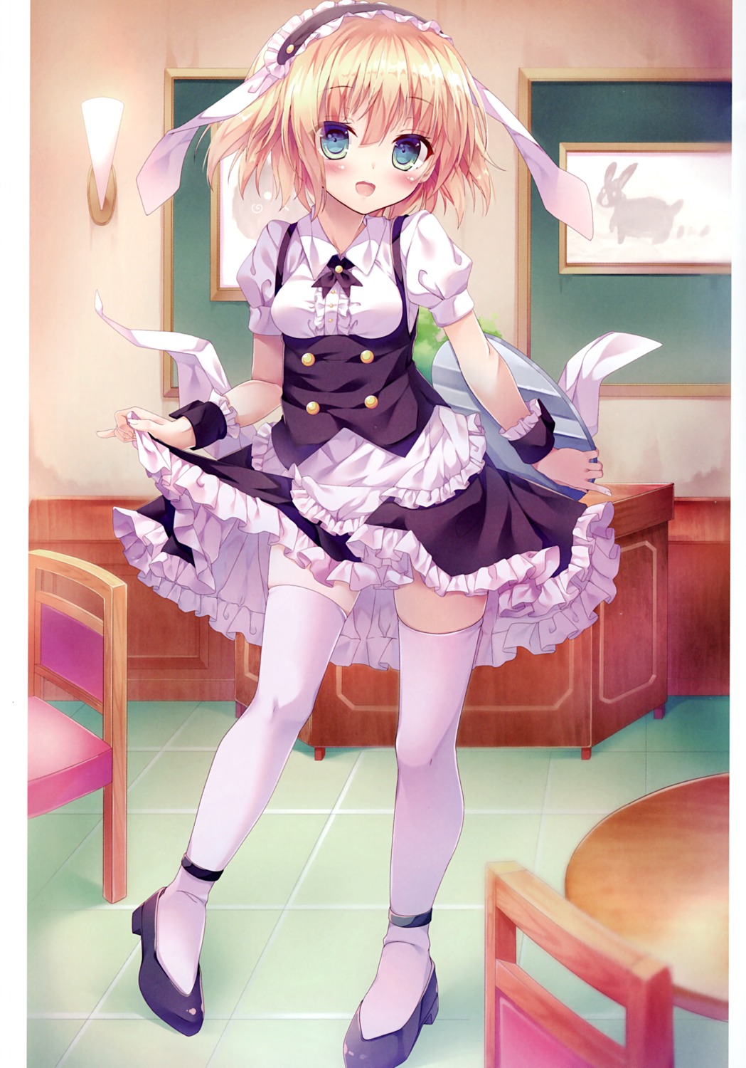 gochuumon_wa_usagi_desu_ka? kinokomushi kirima_sharo maid skirt_lift thighhighs waitress