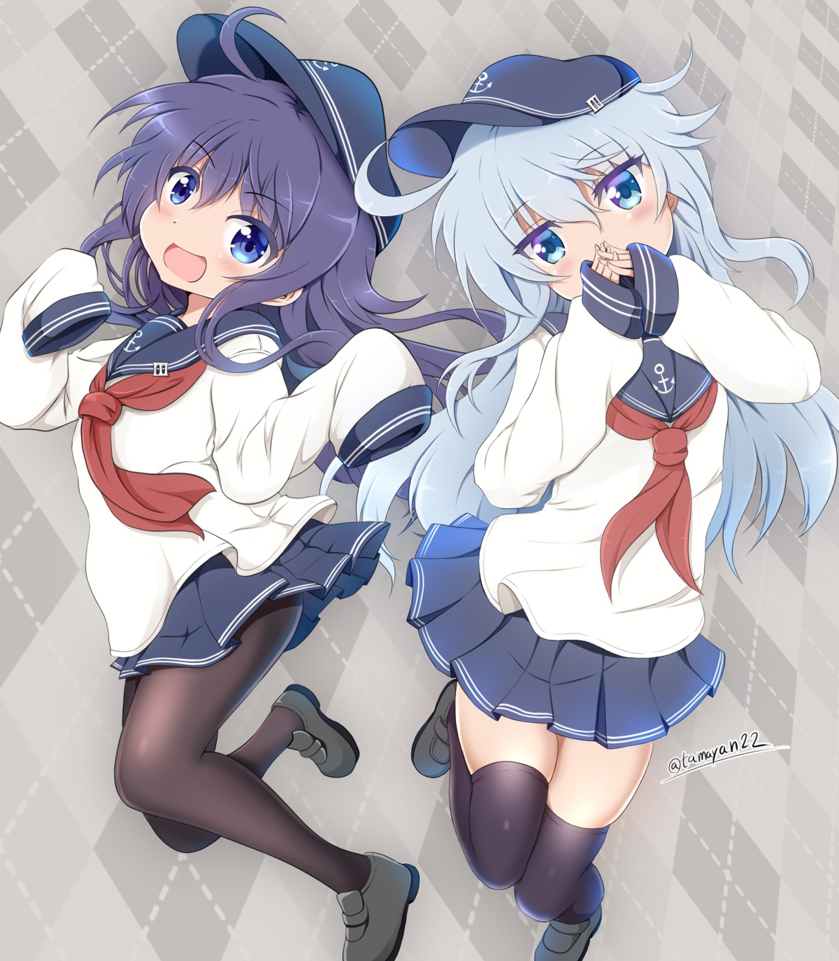 akatsuki_(kancolle) hibiki_(kancolle) kantai_collection pantyhose seifuku skirt_lift tamayan22 thighhighs