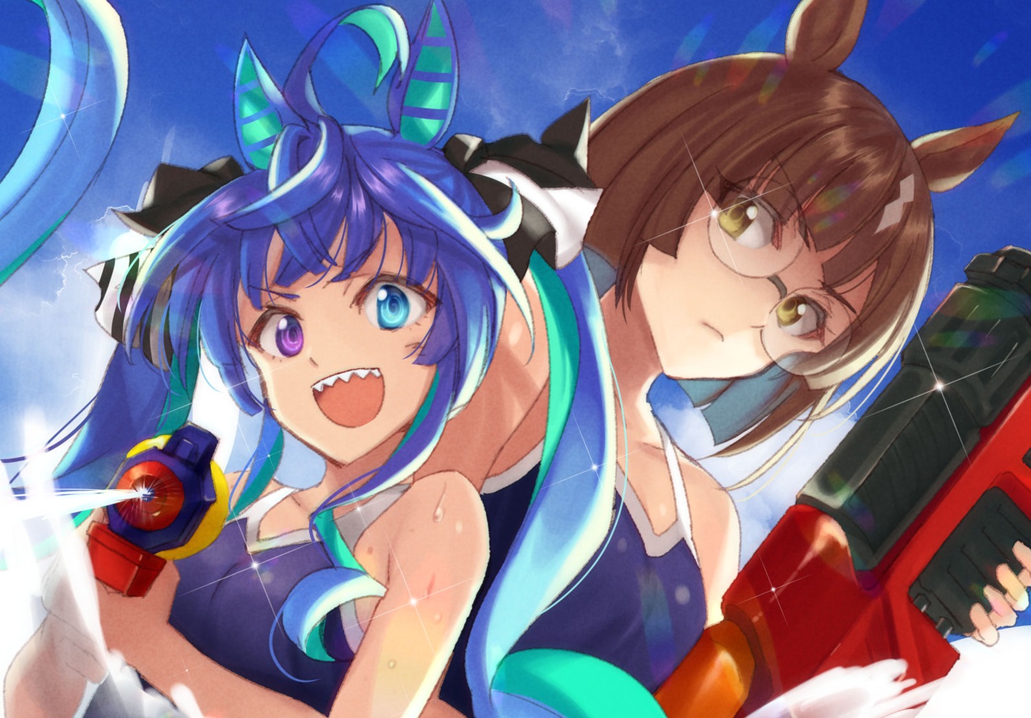 animal_ears gun heterochromia ikuno_dictus_(umamusume) kabocha_(monkey4) megane school_swimsuit swimsuits twin_turbo_(umamusume) uma_musume_pretty_derby