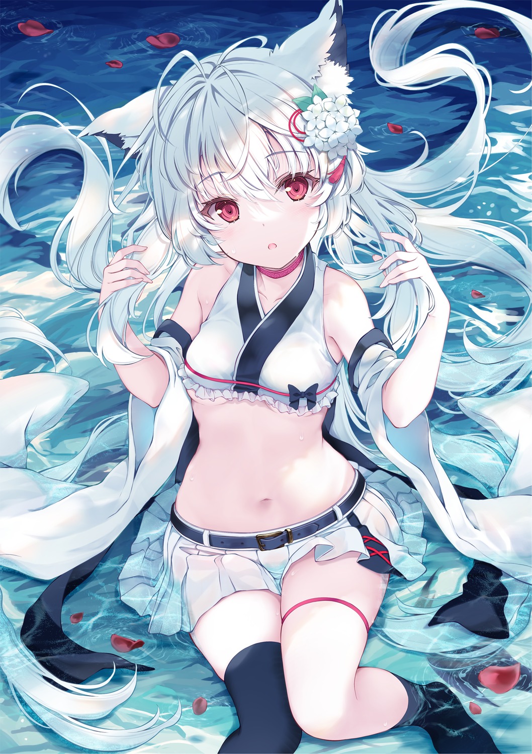 animal_ears garter japanese_clothes see_through tail tenmu_shinryuusai thighhighs underboob wet wet_clothes