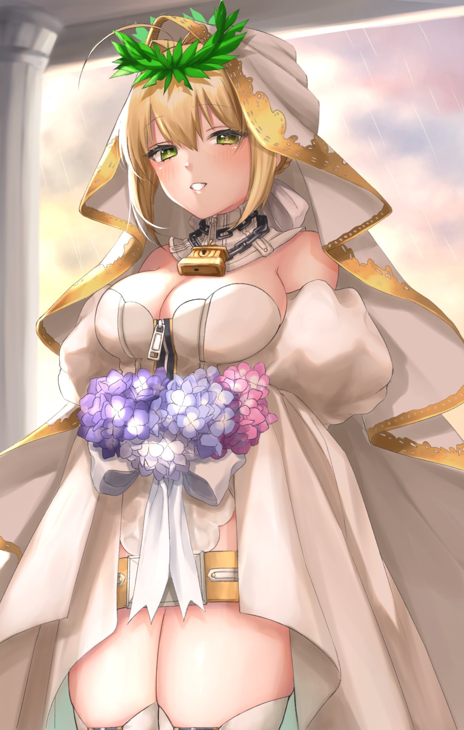 cleavage dress fate/extra fate/extra_ccc fate/stay_night saber_bride saber_extra thighhighs wedding_dress yayoi_maka