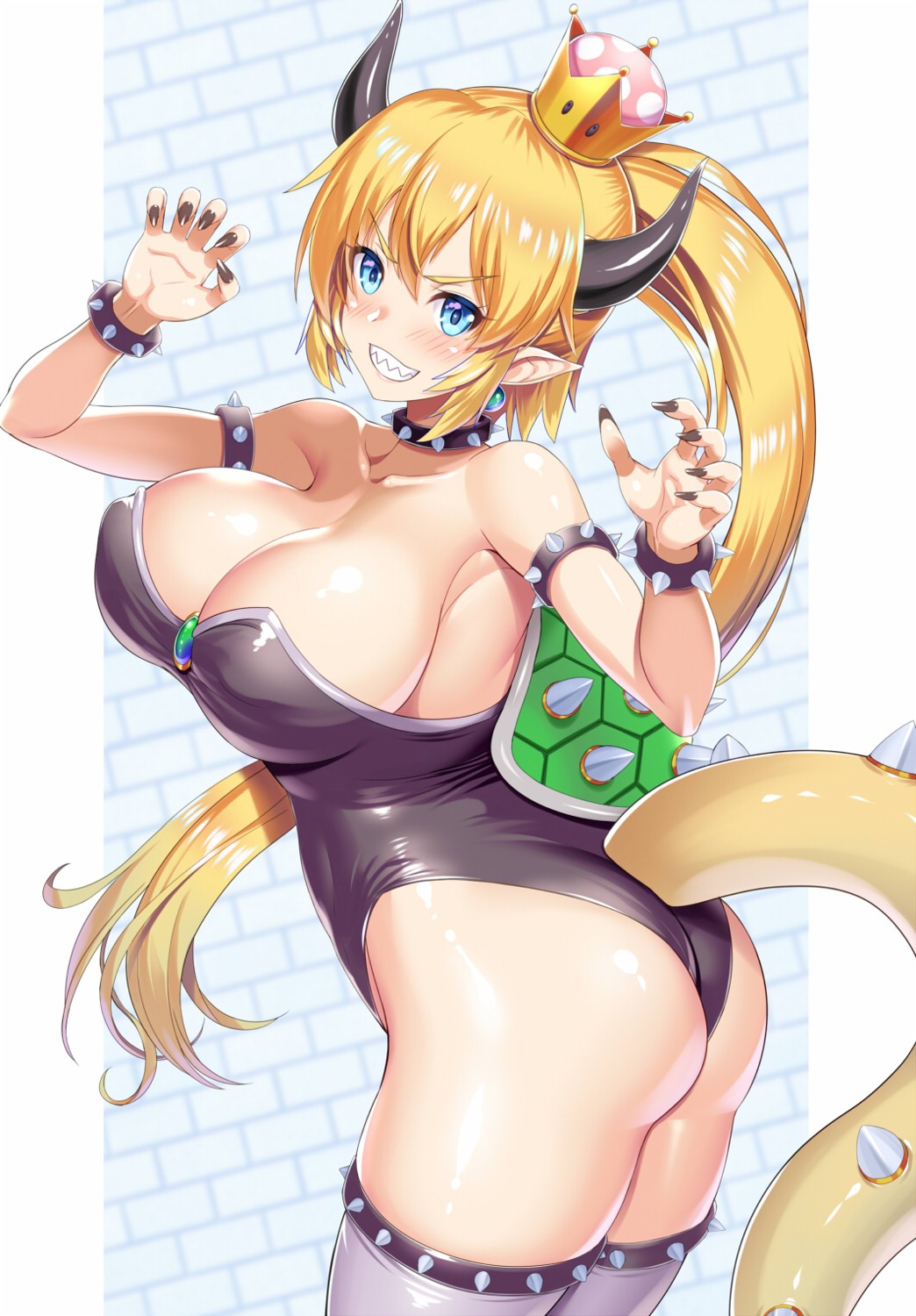 ass bowsette cleavage cosplay horns kawase_seiki leafa leotard monster_girl pointy_ears sword_art_online tail thighhighs