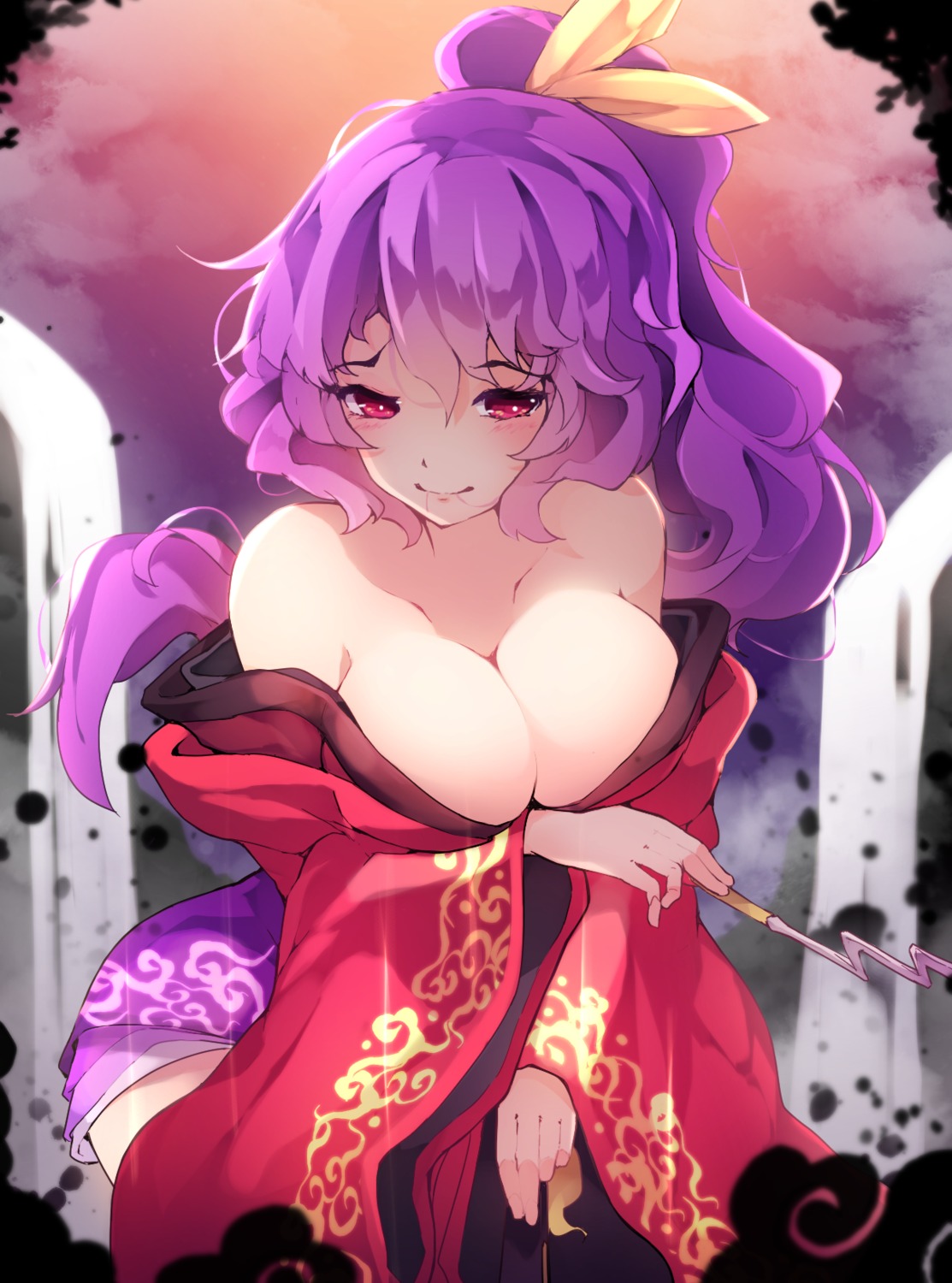 breast_hold chiroru_(cheese-roll) japanese_clothes no_bra open_shirt touhou