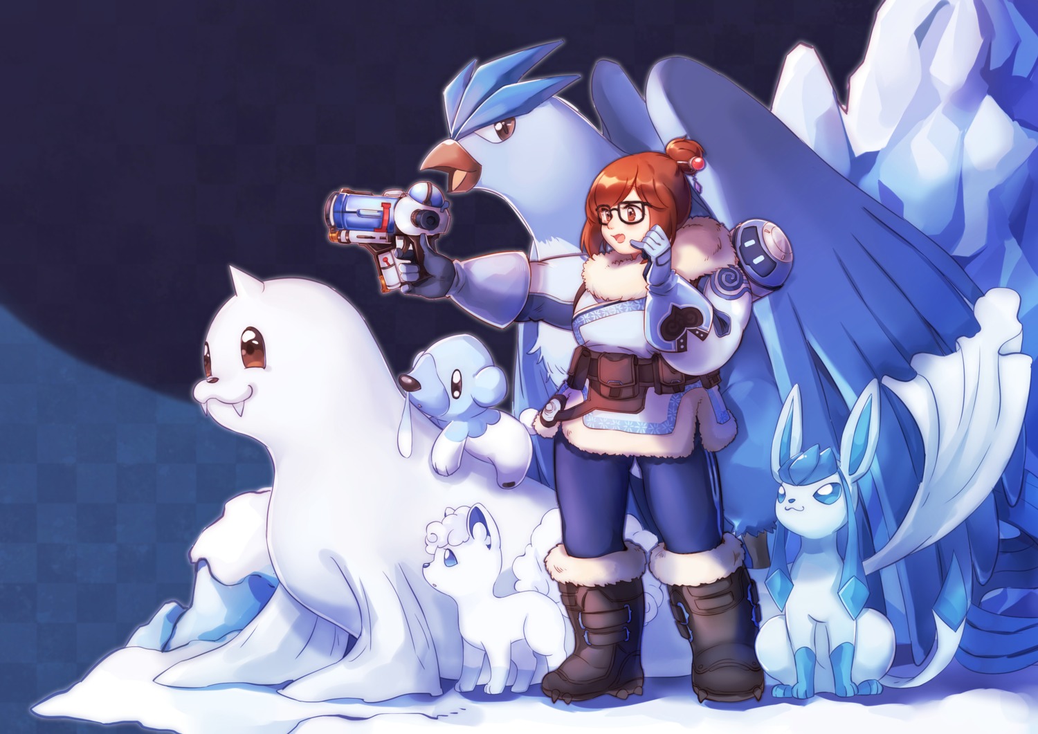 alolan_vulpix articuno crossover cubchoo dewgong glaceon gun megane mei_(overwatch) overwatch pokemon siam_(meow13)