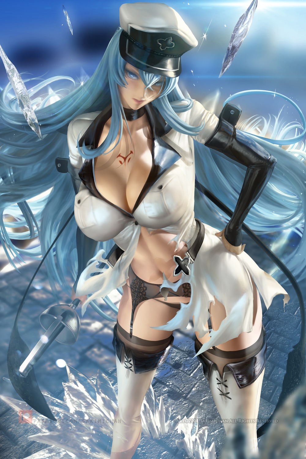 akame_ga_kill! cleavage esdeath garter_belt open_shirt pantsu sakimichan stockings sword tattoo thighhighs torn_clothes uniform