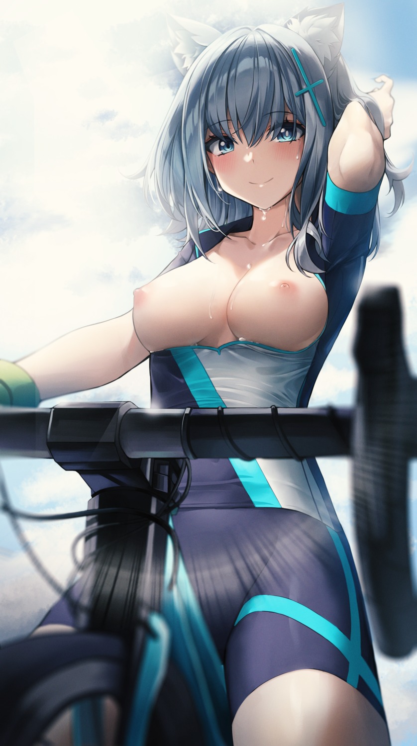 animal_ears bike_shorts blue_archive breasts nekomimi nipples no_bra open_shirt sora_(men0105) sunaookami_shiroko