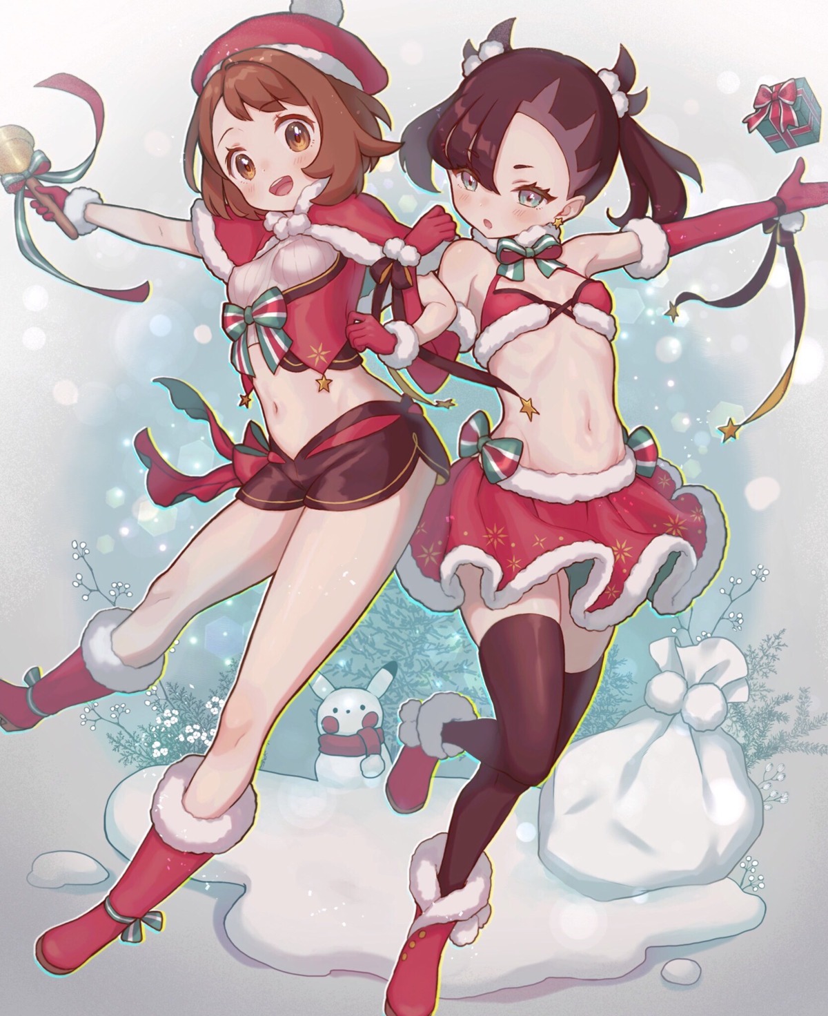 bikini_top christmas erect_nipples mary_(pokemon) n2ewu pokemon pokemon_swsh skirt_lift swimsuits thighhighs yuuri_(pokemon)