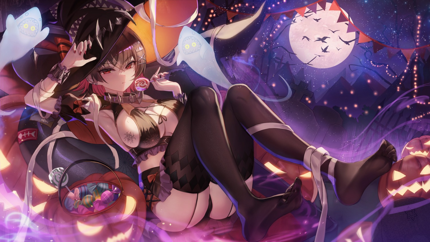 ellen_joe feet halloween no_bra pantsu skirt_lift starlip stockings tail tattoo thighhighs thong witch zenless_zone_zero