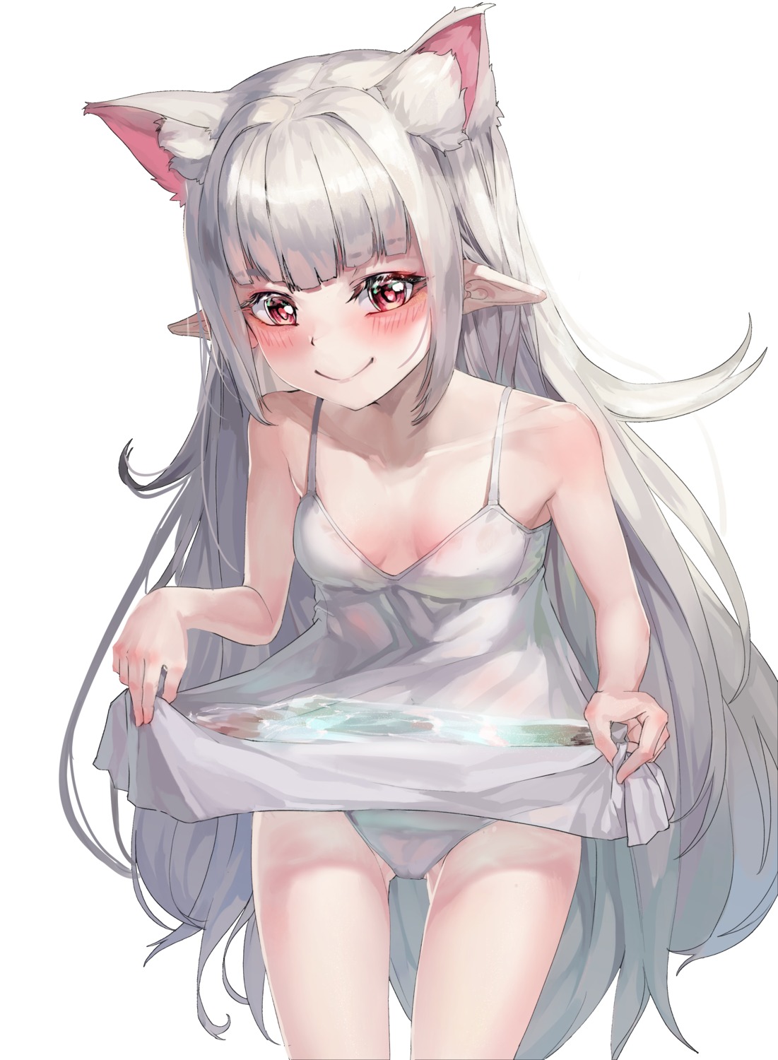 animal_ears cameltoe cleavage dress nekomimi no_bra pantsu pointy_ears rnjs4967 see_through skirt_lift summer_dress wet_clothes