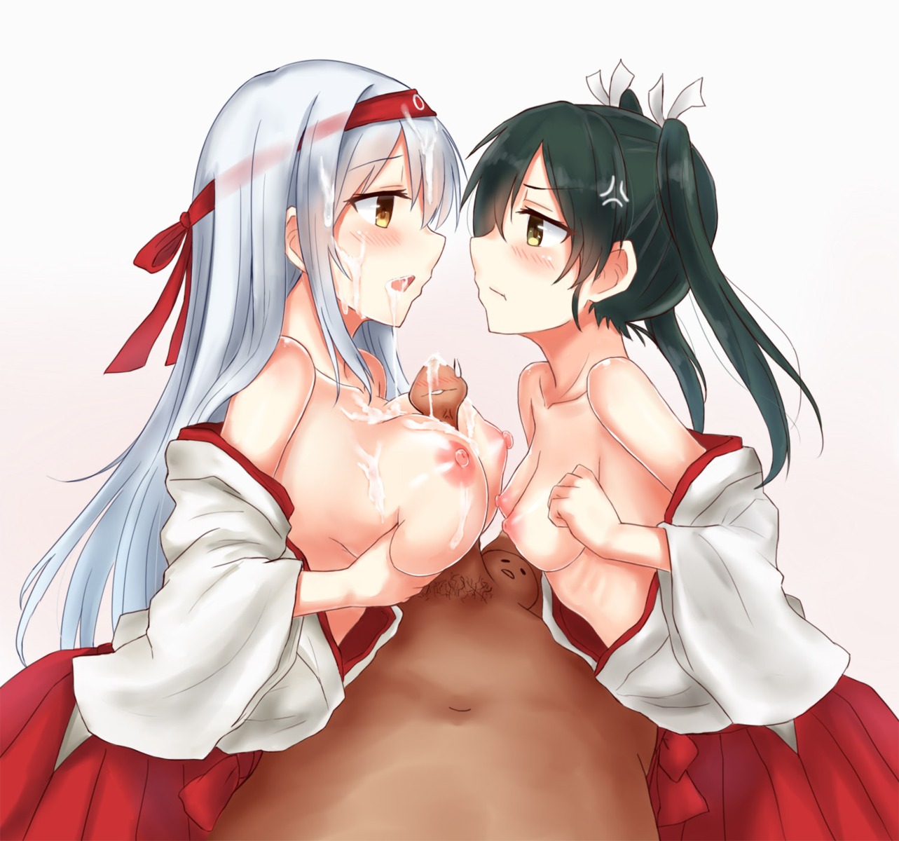 breast_grab breasts cai_geng cum kantai_collection nipples no_bra open_shirt paizuri penis shoukaku_(kancolle) zuikaku_(kancolle)