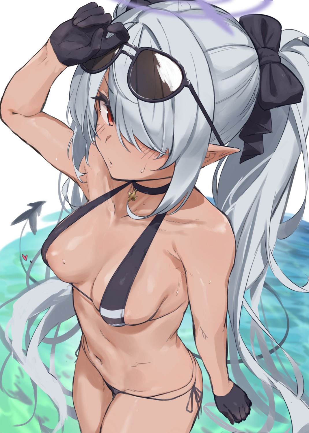 bikini blue_archive halo megane nipple_slip nitro_(mugityaoisii) pointy_ears shiromi_iori swimsuits tail wardrobe_malfunction