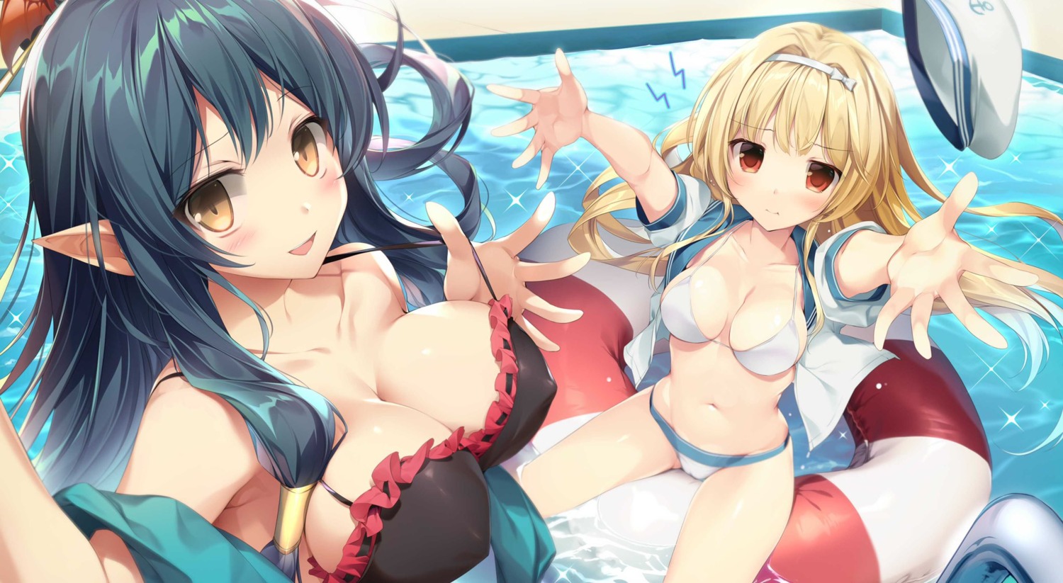 arifureta_shokugyou_de_sekai_saikyou bikini bikini_top cameltoe erect_nipples karory open_shirt pointy_ears seifuku swimsuits tio_clarce undressing wet yue_(arifureta)