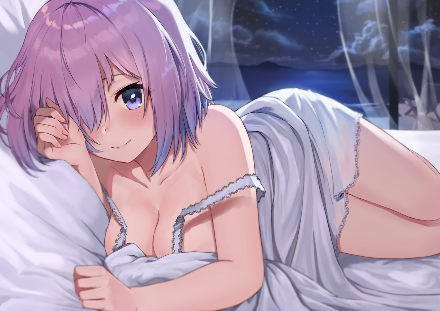 ayul_(ayulneri_92) fate/grand_order lingerie mash_kyrielight no_bra see_through sheets